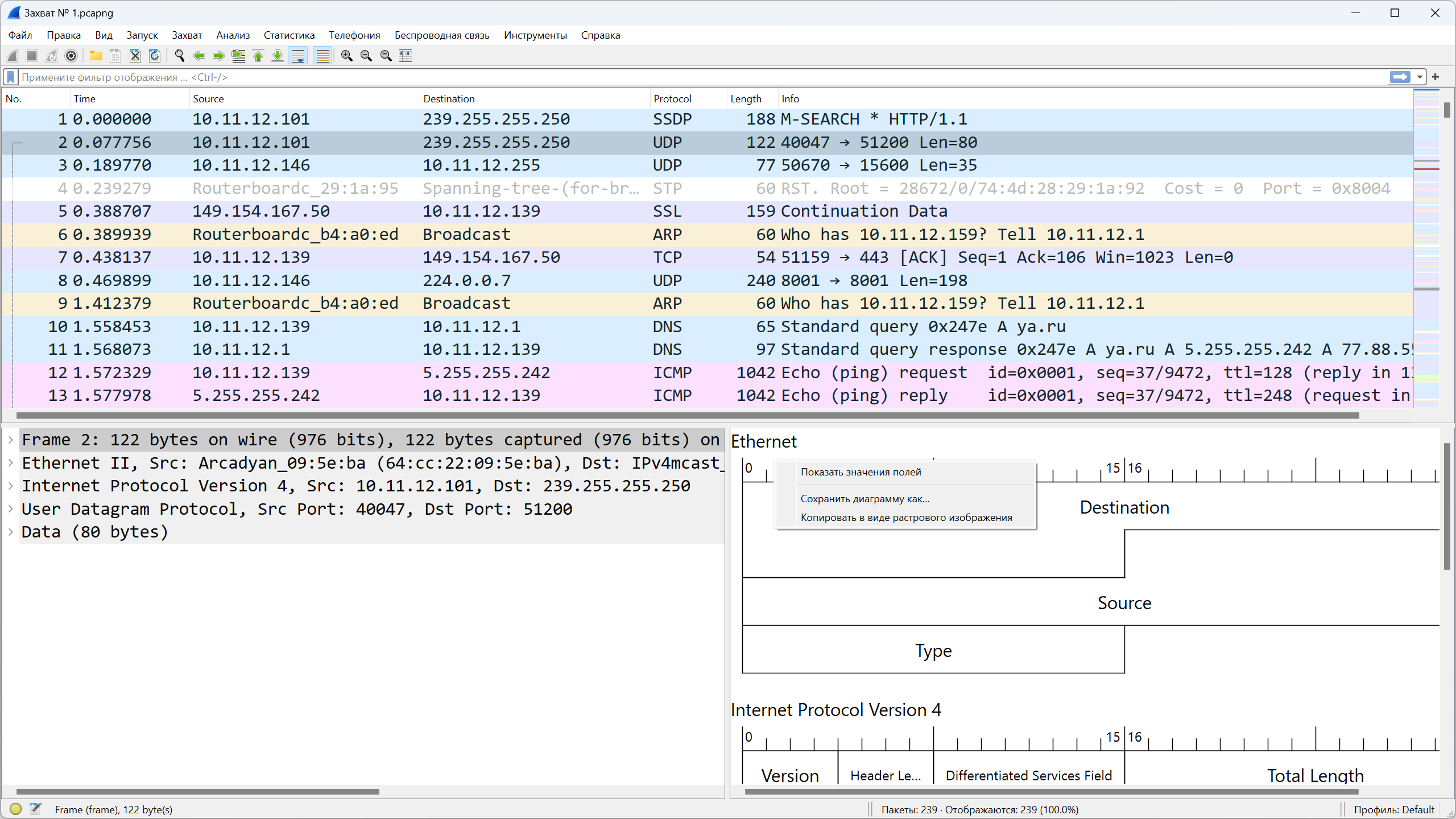 Контекстное меню области «Диаграмма пакета» в Wireshark